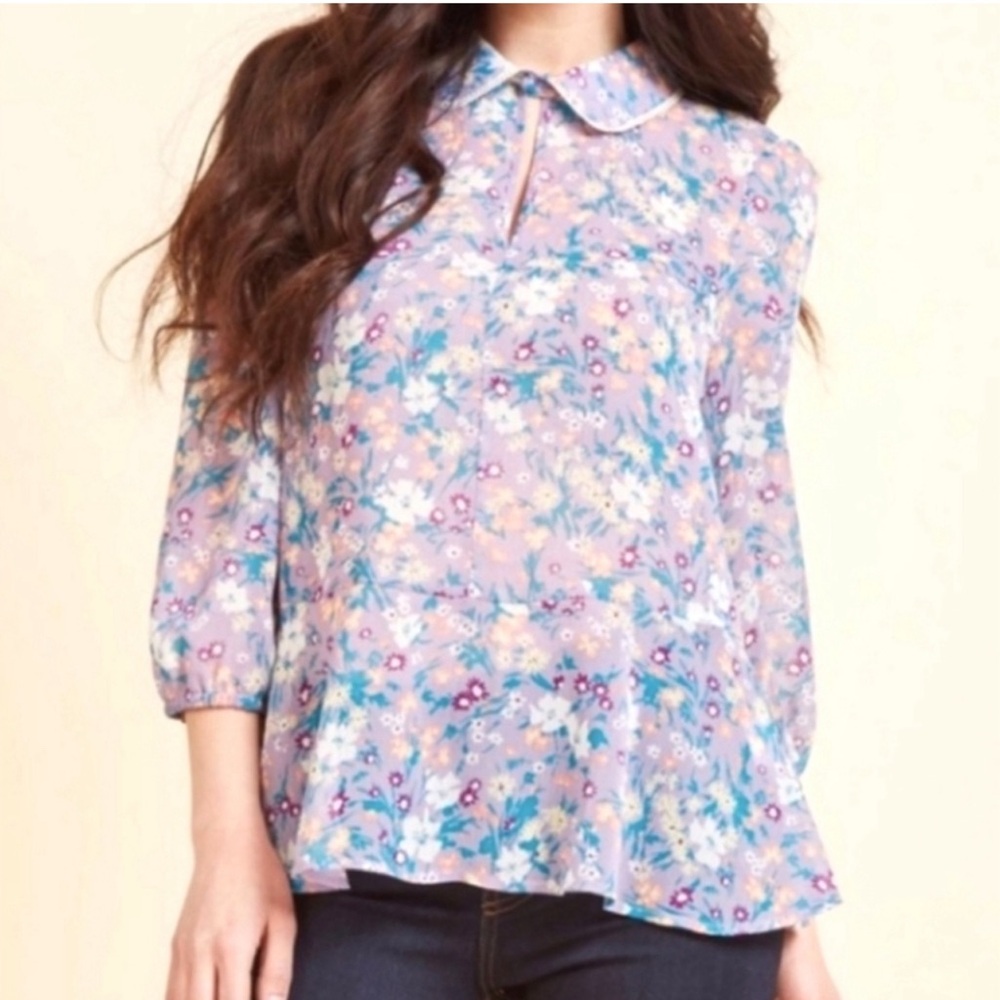 ModCloth Lavender Floral Peplum Sheer Blouse